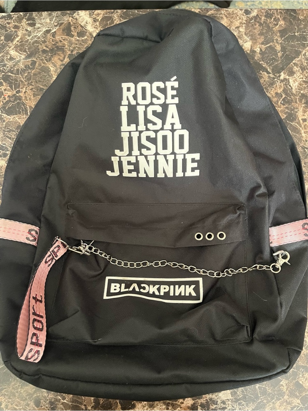 Black Pink Graphic Backpack with Chain Accent euc